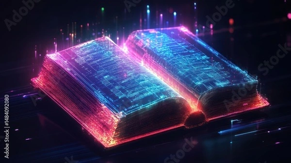 Fototapeta Digital knowledge: An open book glowing with information in the digital age