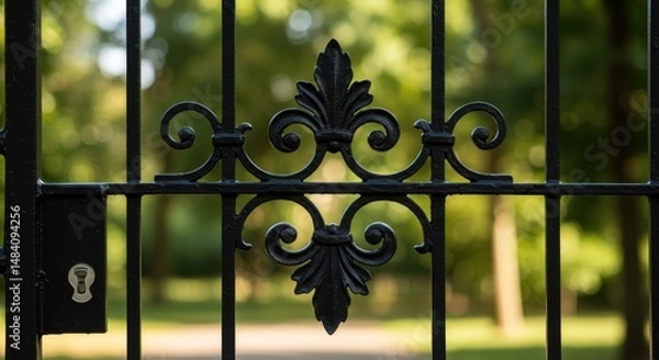 Fototapeta Ornate gate symbolizing security and privacy with decorative ironwork and greenery