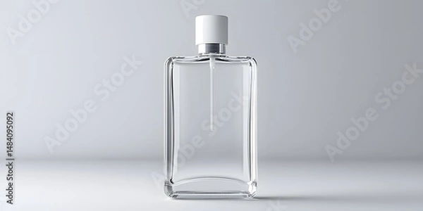 Obraz A minimalist, elegant clear glass bottle with a white cap. The bottle stands alone, showcasing its sleek design and simple form, ideal for packaging various liquid products.