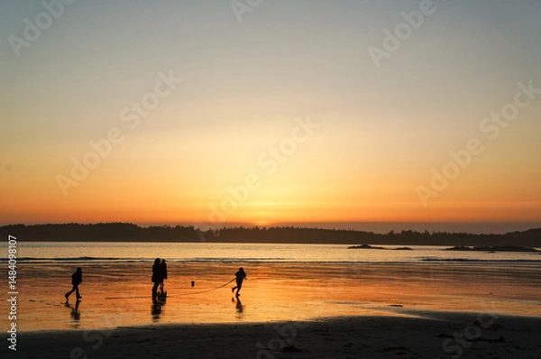 Obraz 夕焼けに包まれた海辺で遊ぶ人々の姿