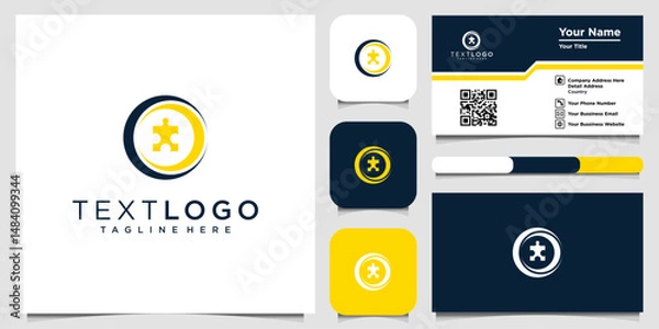 Fototapeta Creative puzzle piece logo design with business card, blue and yellow color palette