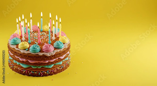Obraz Delicious Two-Layered Birthday Cake with Candles and Sprinkles on Yellow
