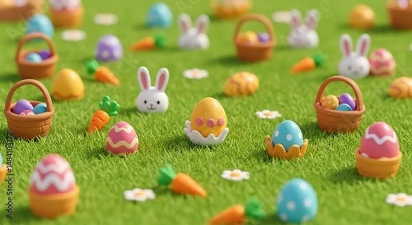 Fototapeta Joyful Spring: A 3D Render of Easter Eggs, Bunnies, and Baskets on Lush Green Grass