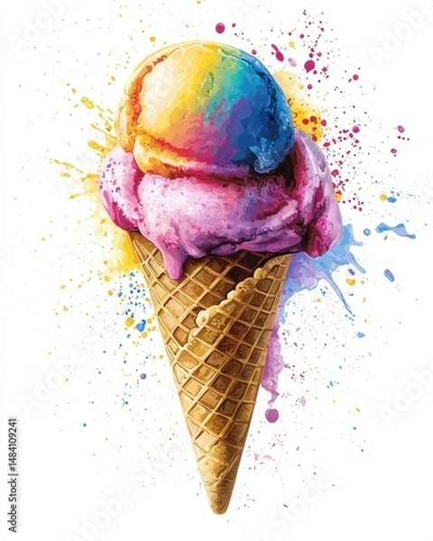 Fototapeta Colorful ice cream cone with splashes of paint in vibrant pink, yellow, and blue