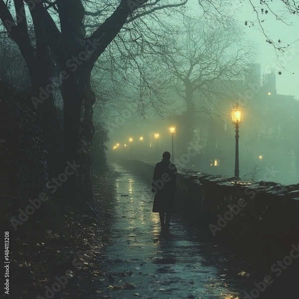 Fototapeta A solitary figure walks a misty path at night.  A path lined with trees, wet from the rain and lit by old-fashioned lamps