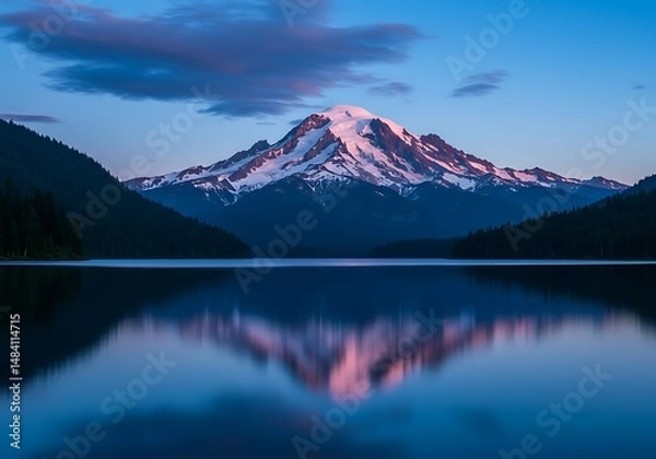 Fototapeta Serene Sunset: Mountain Lake Reflection