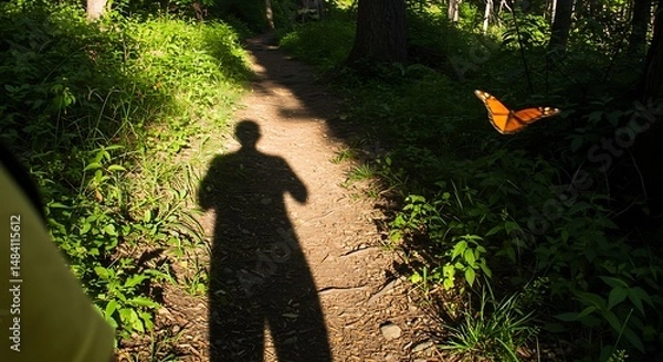 Fototapeta Sun-Dappled Path: Shadow, Forest, and Butterfly