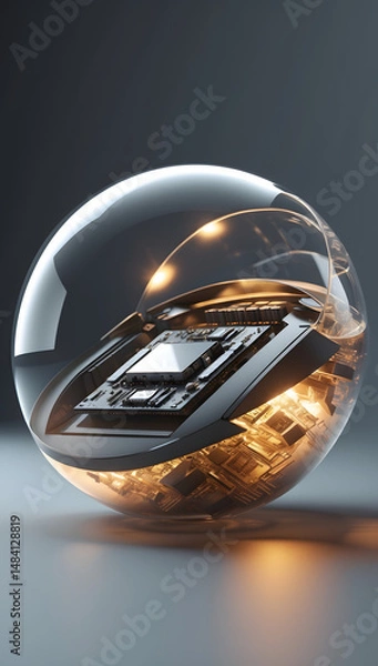 Fototapeta Crystal Sphere with Technology: A mesmerizing crystal sphere encases a detailed technological interior, symbolizing the intricate and interconnected world of modern science.
