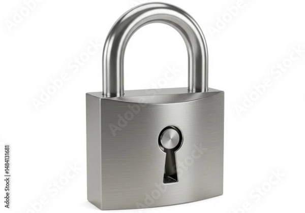 Fototapeta A shiny metal padlock with a keyhole isolated against a plain background