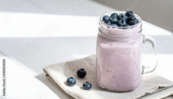 Fototapeta Creamy blueberry smoothie in mason jar on napkin, with fresh blueberries on top, bathed in soft natural light