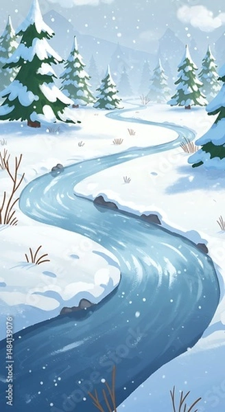 Fototapeta Winter's Embrace: Serene Stream Through Snowy Pines AI Generated