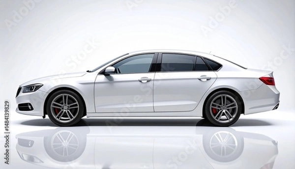 Fototapeta Pristine White Luxury Sedan Mockup Side View White Background