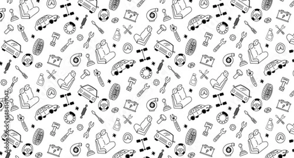 Fototapeta engine car parts mechanic doodle seamless pattern background