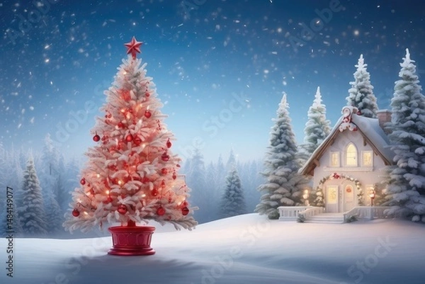 Fototapeta Winter Holiday Background with Blue Pine Branches and Festive Lights