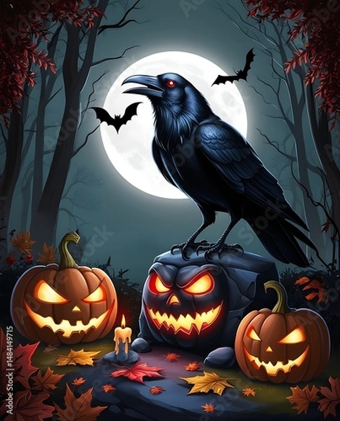 Obraz Spooky Halloween scene with a sinister raven perched on a rock surrounded by glowing jack-o'-lanterns, autumn leaves, and a full moon illuminating the haunted forest

