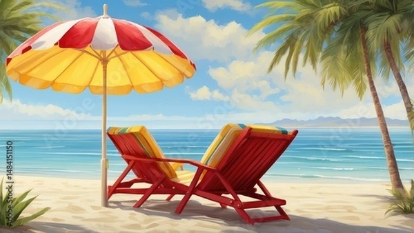 Fototapeta Tropical Beach Scene Illustration with Chair, Umbrella, and Surfboards
