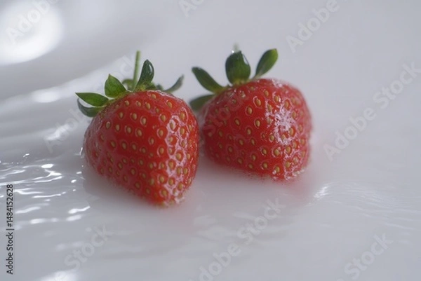 Fototapeta Fresh strawberries resting in creamy milk on a smooth surface, evoking a sense of indulgence