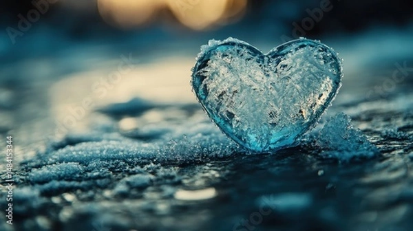 Fototapeta Frozen heart of ice and snow, lying in cold dark blue water. Symbolizes fragility of love, winter season, or Valentine's concepts.