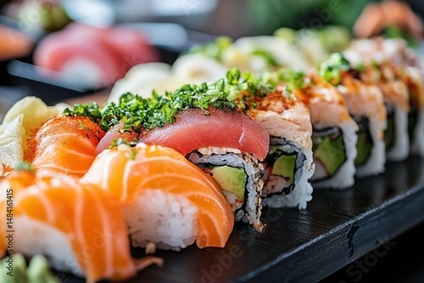 Obraz close up of sushi with salmon and wasabi