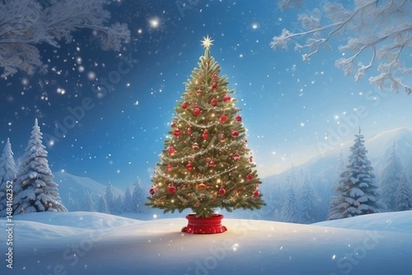 Fototapeta Winter Holiday Background with Blue Pine Branches and Festive Lights