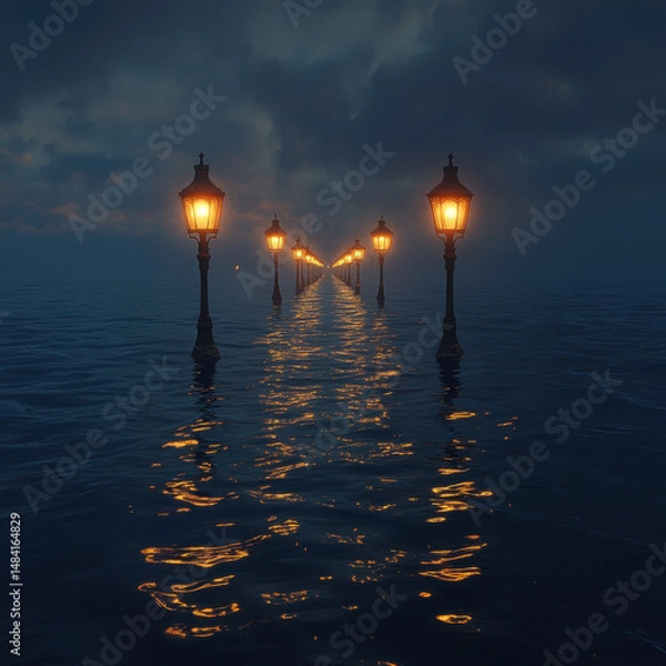 Fototapeta Row of lights reflecting in water.