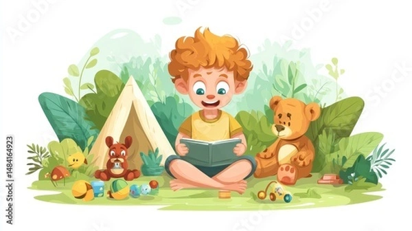 Obraz Boy Reading Book in Nature with Toys