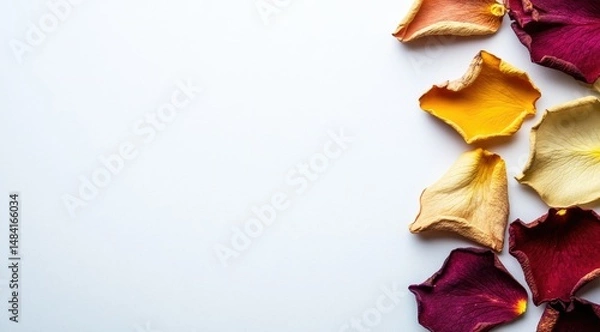 Obraz Delicate rose petals in warm hues arranged on a white background, leaving ample space