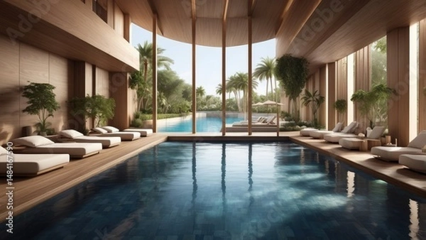 Fototapeta Elegant Poolside Resort with Tropical Vibes and Lounge Area
