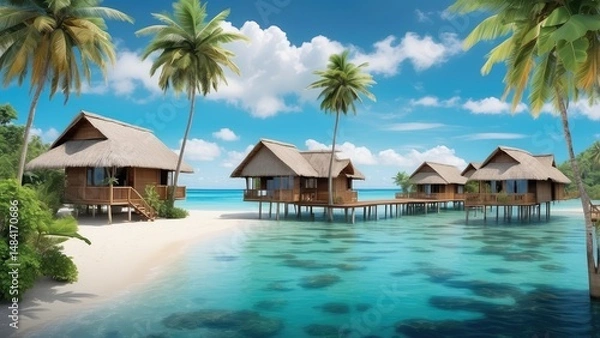 Fototapeta "Tropical Island Beach Villas with Palm Trees and Turquoise Waters"