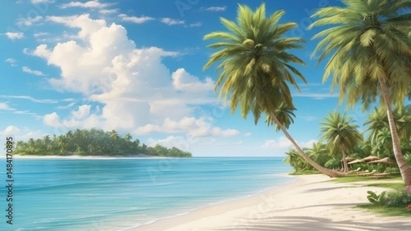 Fototapeta "Crystal Clear Tropical Beach with Palm Trees and Azure Ocean"