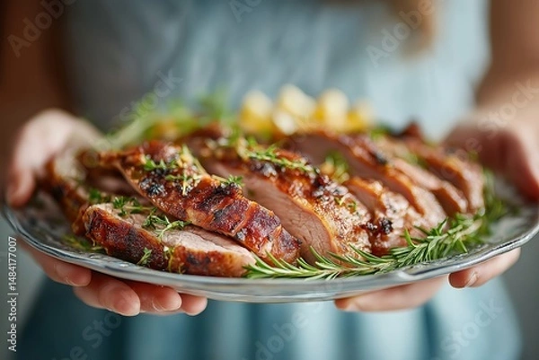 Fototapeta Mechoui, roasted lamb garnished with rosemary, served on silver plate. Concept of Mechoui showcases warm, cozy atmosphere with emphasis on succulent food.