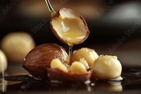 Fototapeta Oil droplets fall onto macadamia nuts, creating a glossy effect.