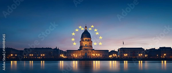 Obraz European Union Flag Illuminated On City Hall At Night