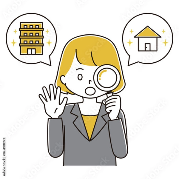 Obraz 家探しをするスーツ姿の女性のイラスト　驚き