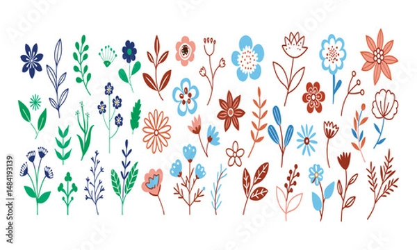 Fototapeta Floral Illustration: A vibrant collection of hand-drawn floral elements, showcasing a delightful mix of colors and shapes. perfect for adding a touch of nature and whimsy to your designs.