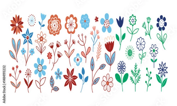 Fototapeta Floral Symphony: A vibrant arrangement of hand-drawn botanical illustrations, each bloom and leaf rendered in exquisite detail, forming a colorful composition of nature's elegance. 