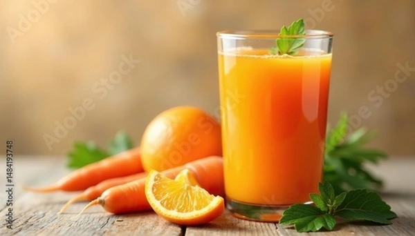 Obraz Glass of fresh orange carrot juice, healthy drink , liquid refreshment, carrot color