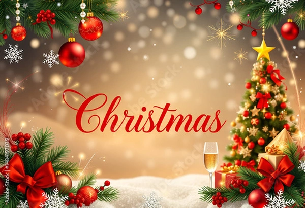 Fototapeta Christmas and New Year 2026 Celebration Greeting with Gifts, Tree, and Champagne christmas background with christmas tree