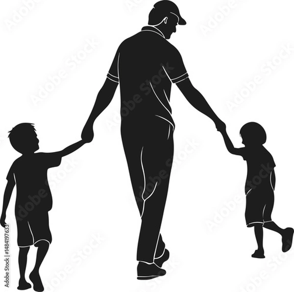 Obraz Silhouette of Father Holding Hands with Two Children Vector Illustration