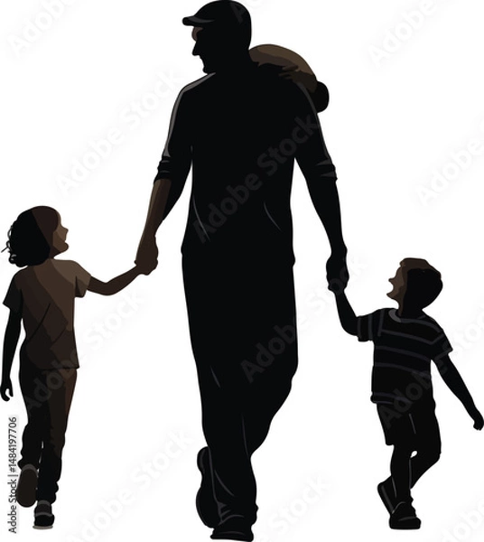 Obraz Silhouette of Father Walking Hand in Hand with Two Children Vector Illustration