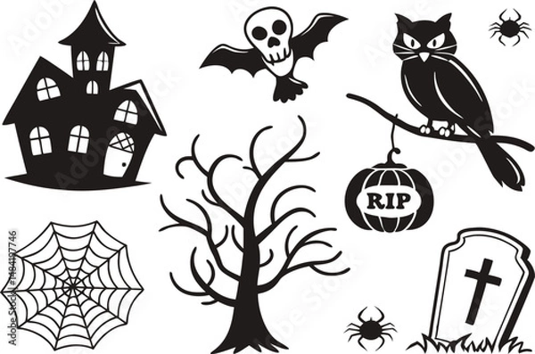Obraz Spooky Halloween Vector Icons with Haunted House, Owl, Spider, and More