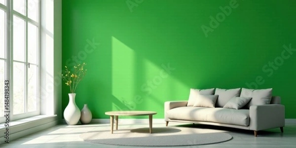 Fototapeta Modern Living Room Interior Design with Bright Green Wall and Sunlight Accentuating a Cozy Beige Sofa