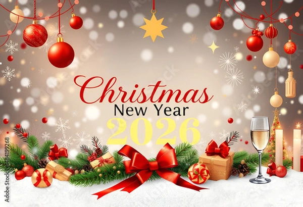 Fototapeta Christmas and New Year 2026 Celebration Greeting with Gifts, Tree, and Champagne christmas background with christmas tree