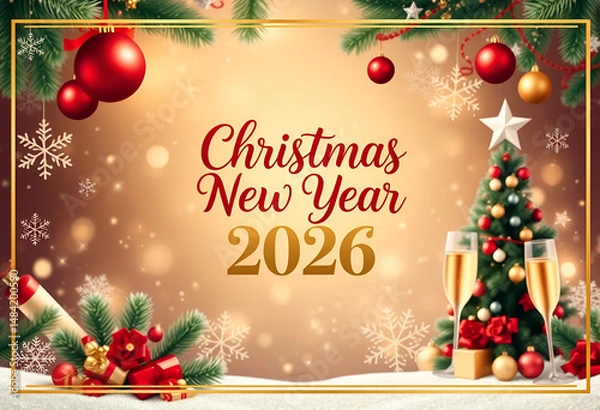 Fototapeta Christmas and New Year 2026 Celebration Greeting with Gifts, Tree, and Champagne christmas background with christmas tree