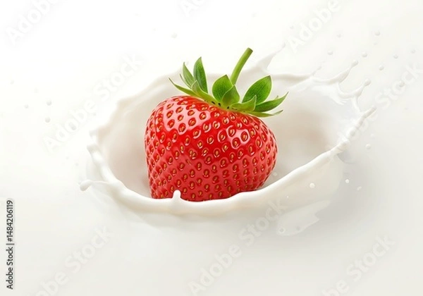 Fototapeta A strawberry falling into a splash of white liquid