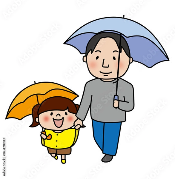Obraz 傘をさして手を繋ぐパパと娘