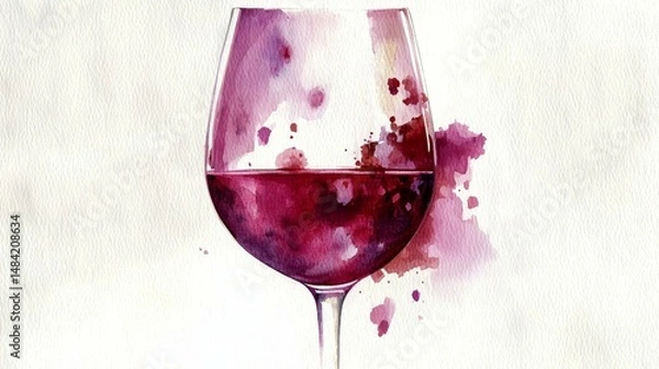 Fototapeta Artistic Watercolor Study of a Red Wine Glass with Abstract Marsala Stains on a White Background