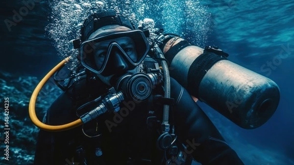 Fototapeta A deep-sea diver checking oxygen tanks before descending into the ocean --ar 16:9 --v 6.1 Job ID: 4c16b0c3-cd56-470f-8846-a863949c8891