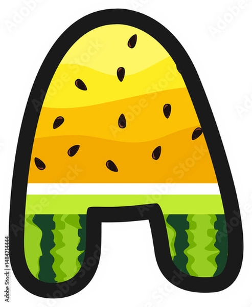 Obraz Cartoon alphabet letter A in yellow watermelon style with rind and seeds. Great for summer, kids themes, fruity designs, and fun food projects. Transparent background PNG.