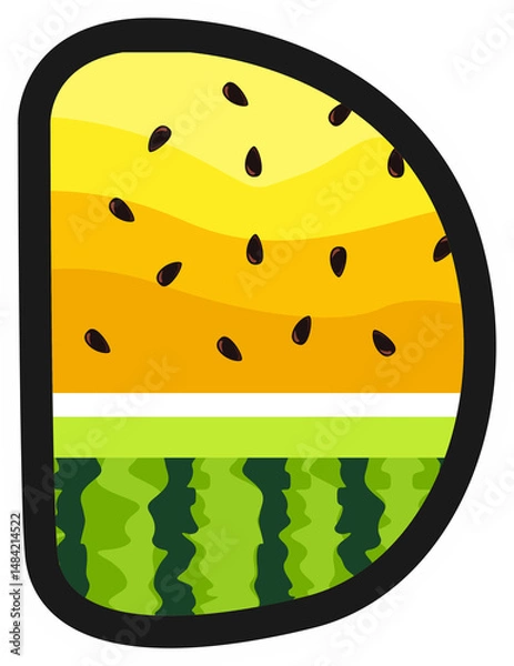 Obraz Cartoon alphabet letter D in yellow watermelon style with rind and seeds. Great for summer, kids themes, fruity designs, and fun food projects. Transparent background PNG.